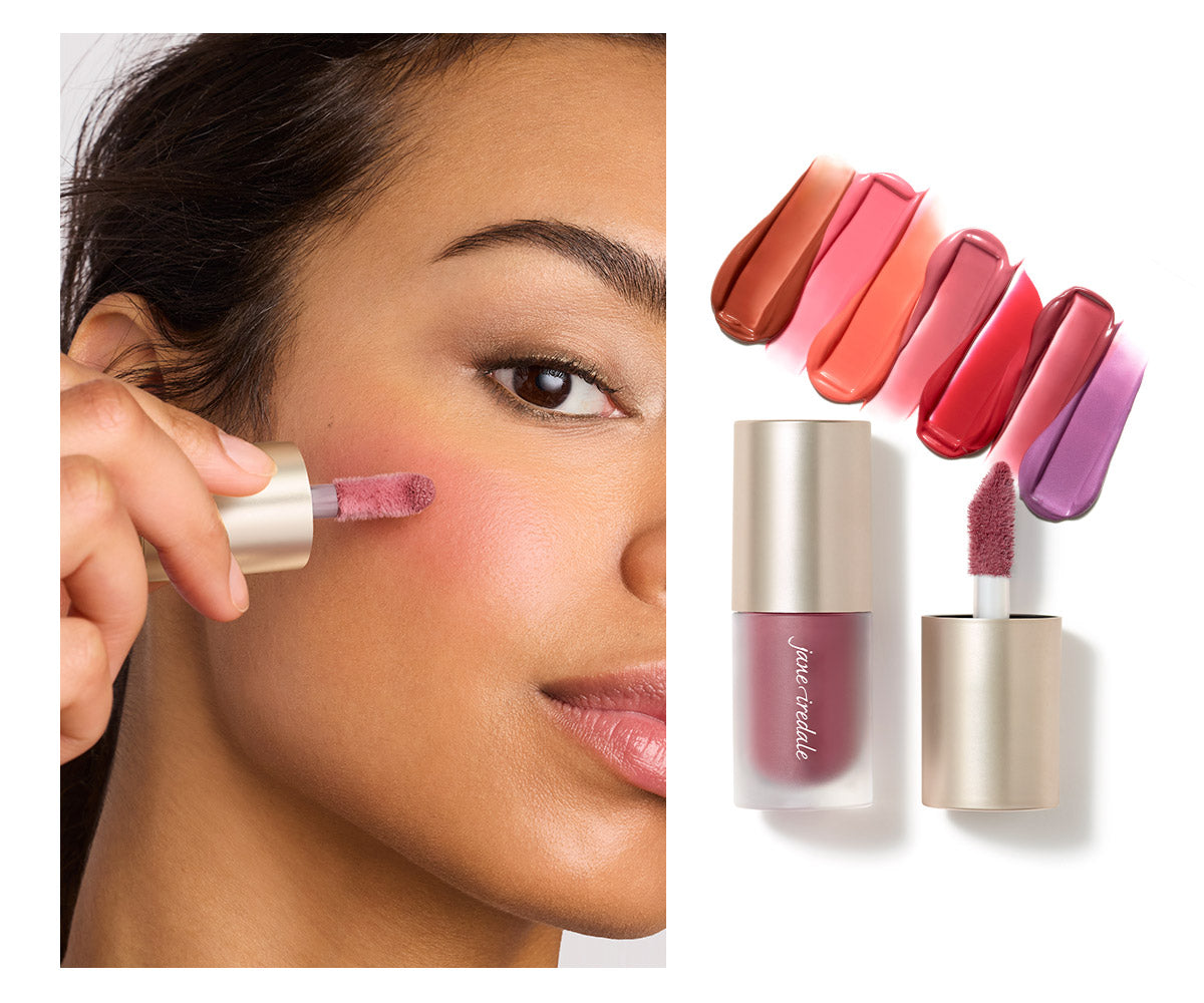 Eine junge Frau trägt den jane iredale Liquid Blush auf ihrer Wange auf. Daneben ist das Produkt inklusiver seiner Fartöne abgebildet.