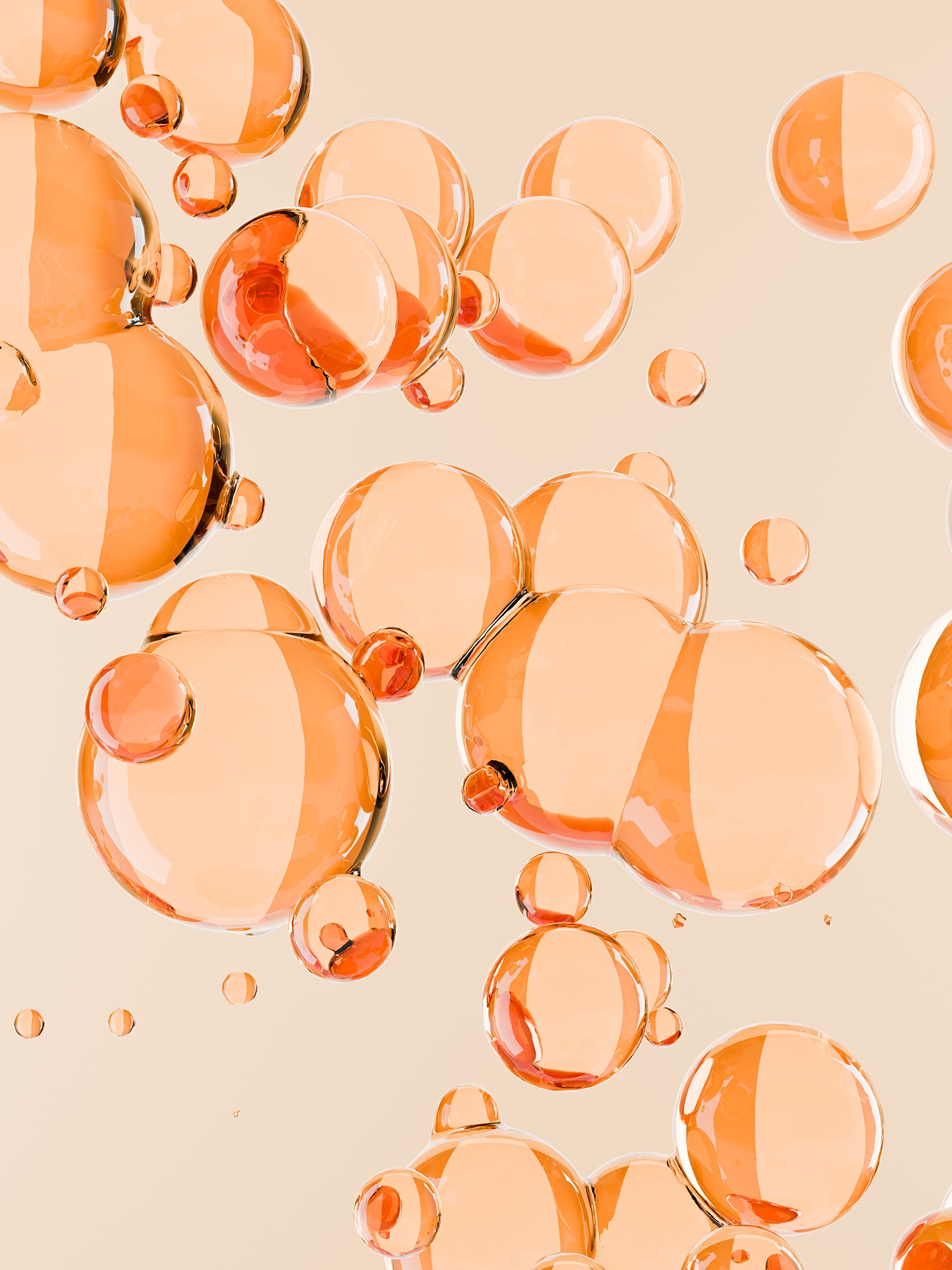 Schwebende, glänzende orangefarbene Blasen vor einem hellbeigen Hintergrund – digital gerendert mit realistischer Lichtreflexion und transparenter Oberfläche.