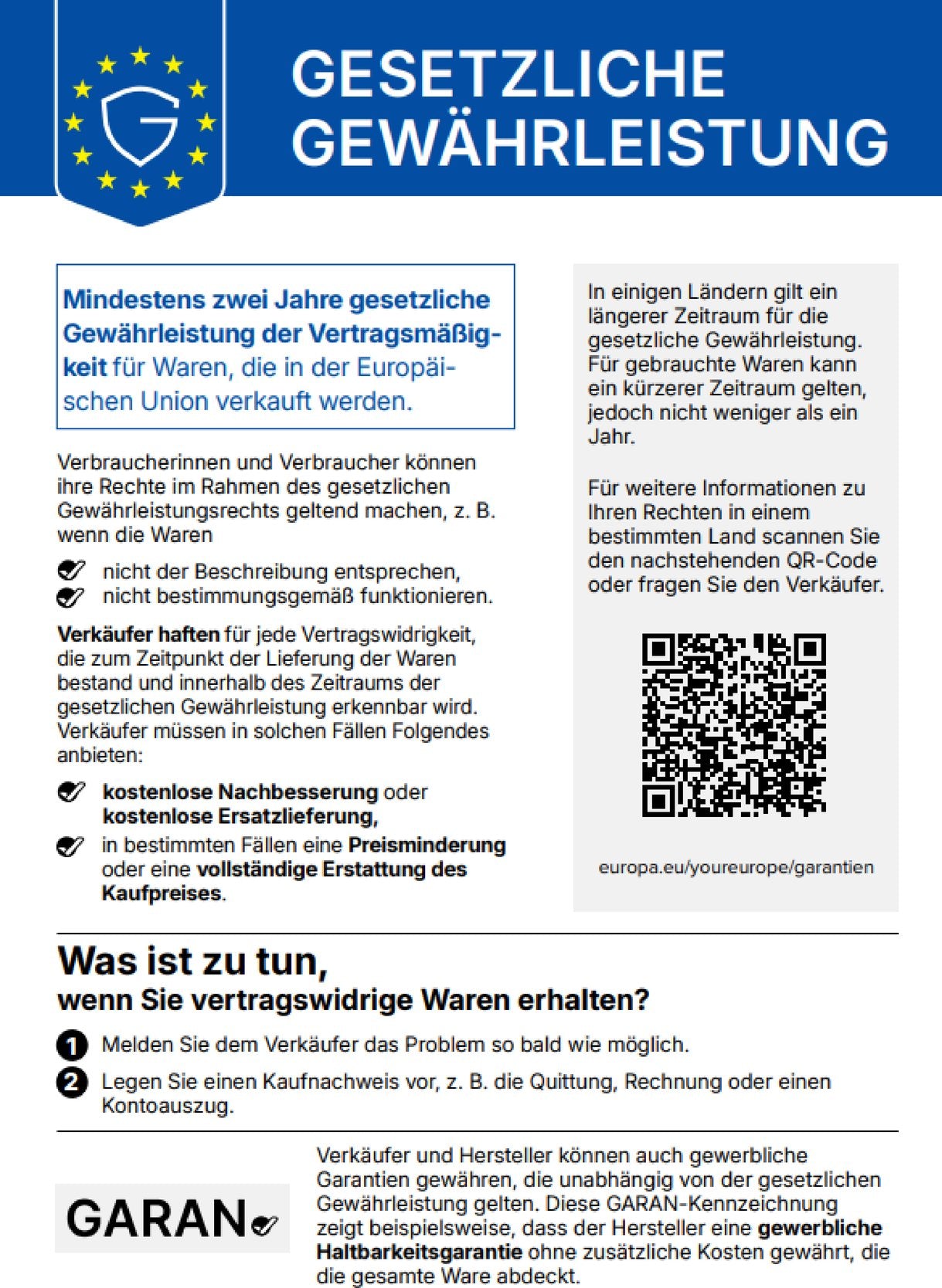 Informationsgrafik zur gesetzlichen Gewährleistung in der Europäischen Union mit Hinweis auf mindestens zwei Jahre Gewährleistung, Verbraucherrechten bei mangelhaften Waren und QR-Code zu weiteren Informationen.