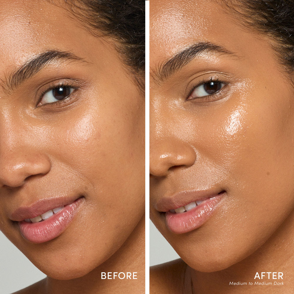 Vorher-Nachher-Vergleich einer Person mit mittlerem bis dunklem Hautton. Rechts zeigt der Teint nach dem Auftragen des jane iredale Glow Fixation SPF 30 in der Nuance Medium to Medium Dark ein gleichmäßigeres Hautbild mit natürlichem Glow.