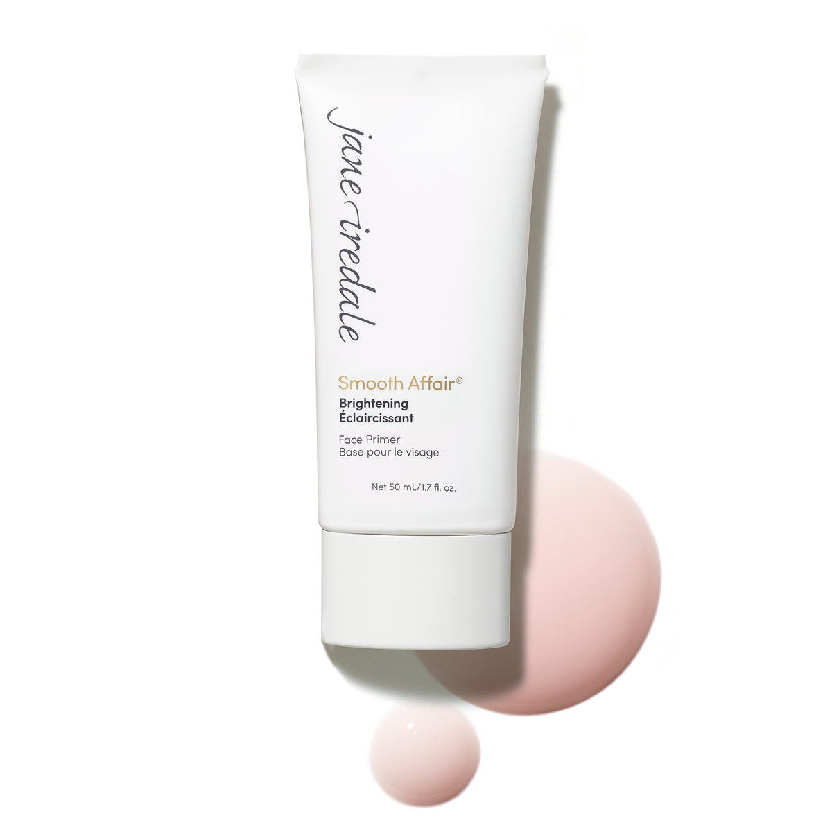 Weiße Tube des jane iredale Smooth Affair Brightening Face Primer vor weißem Hintergrund, daneben zwei rosafarbene Tropfen der Produkttextur.