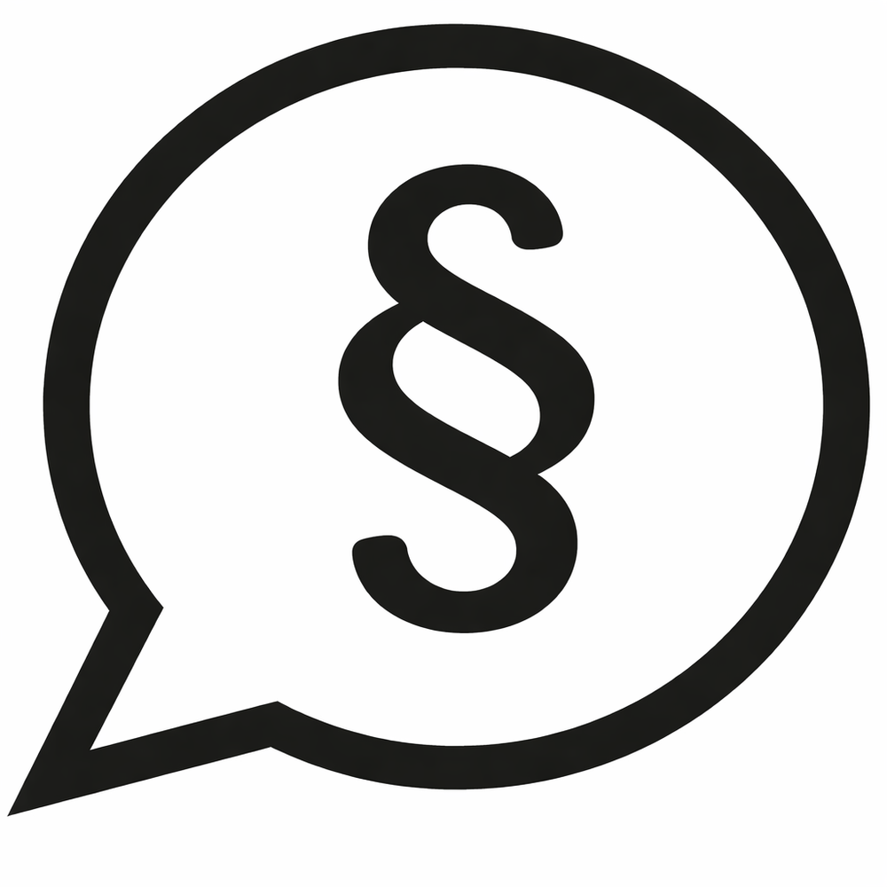 Sprechblasen-Symbol mit schwarzem Rand und Paragraphenzeichen in der Mitte auf hellem Hintergrund.