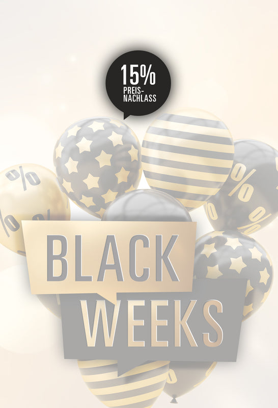 Schwarze und goldene Luftballons mit Prozentzeichen, Sternen und Streifen, darauf der Schriftzug ‚BLACK WEEKS‘ und ein rundes Label mit ‚15 % Preisnachlass‘ vor einem hellen, festlich leuchtenden Hintergrund.